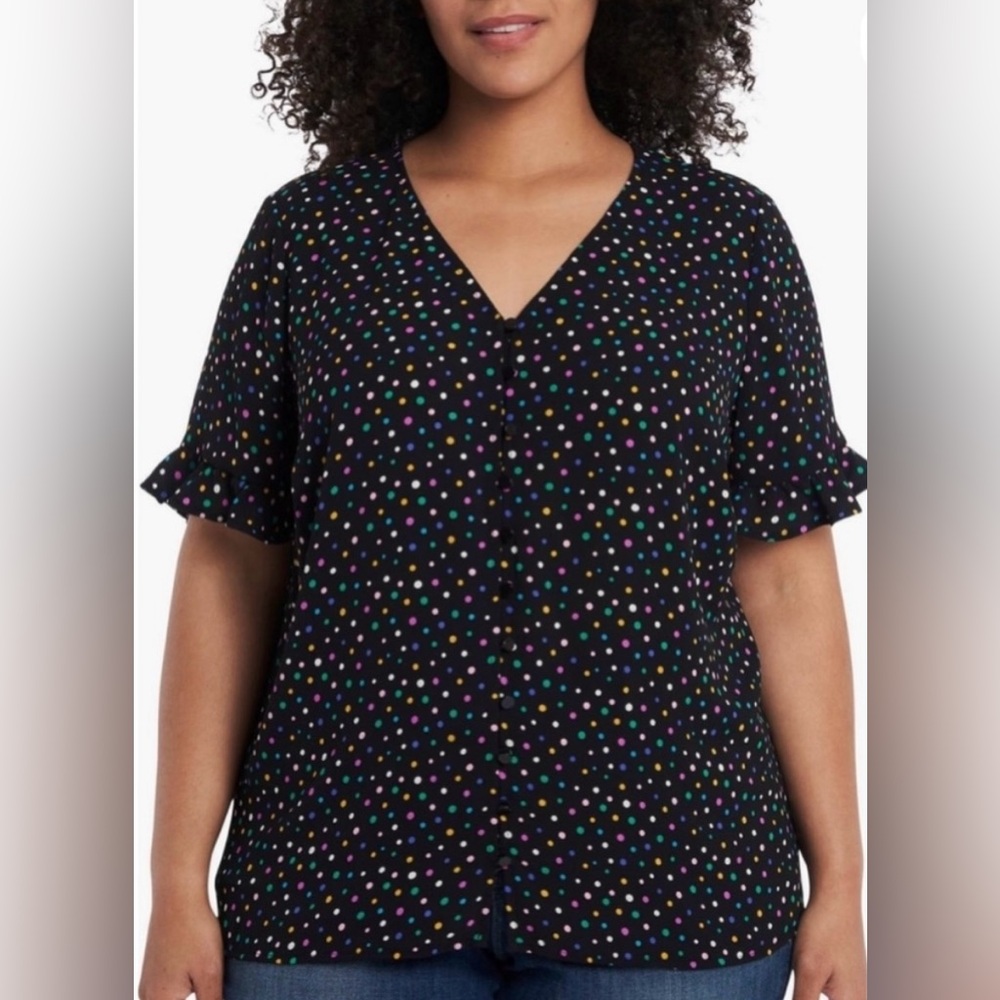 cece ruffle short sleeves black with multicolor polka dots top size medium